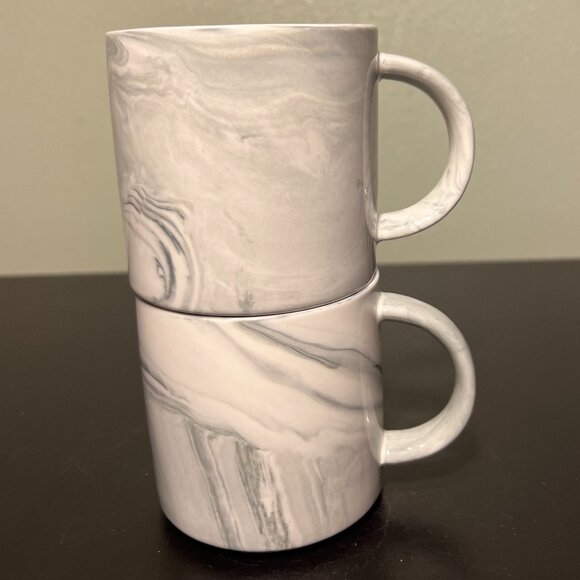 Set of 2 Stackable Marbleized White, Black & Hues of Gray Swirl Pattern Mugs - Picture 6 of 8